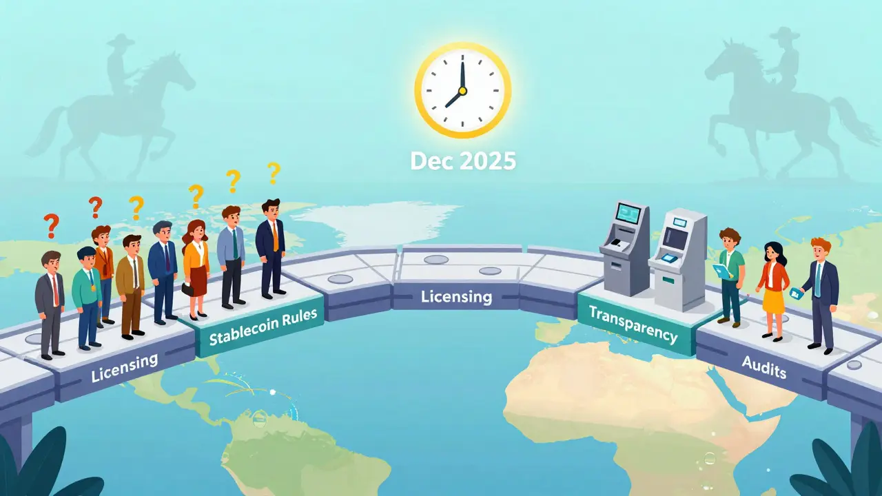 Regulatory bridge connecting anxious users to confident ones, with DeFi cowboy fading near December 2025 clock.