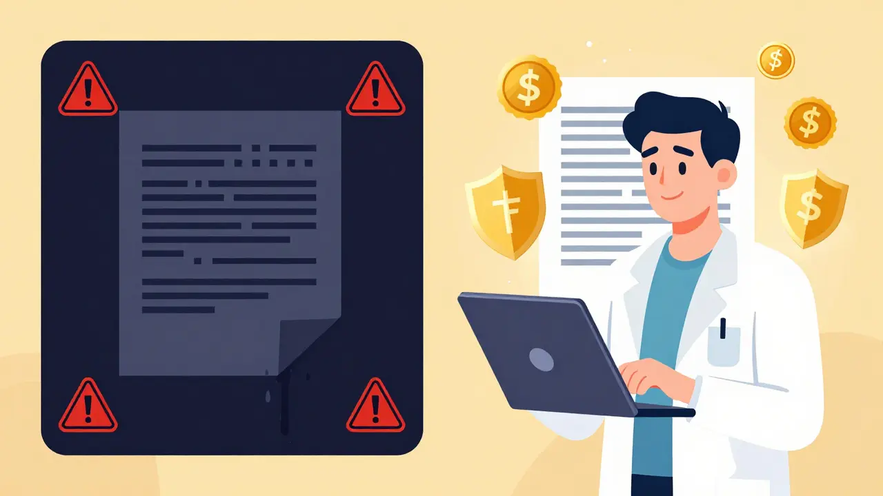 Researcher submitting a bug report to an AI triager, split screen showing a leaking contract fixed with golden shields and crypto reward badges.