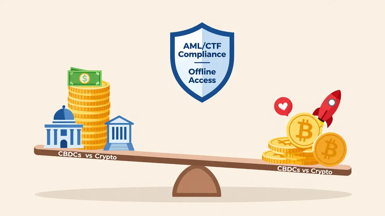 Seesaw comparing CBDCs for everyday use versus crypto for speculation, with compliance shield above CBDC side.
