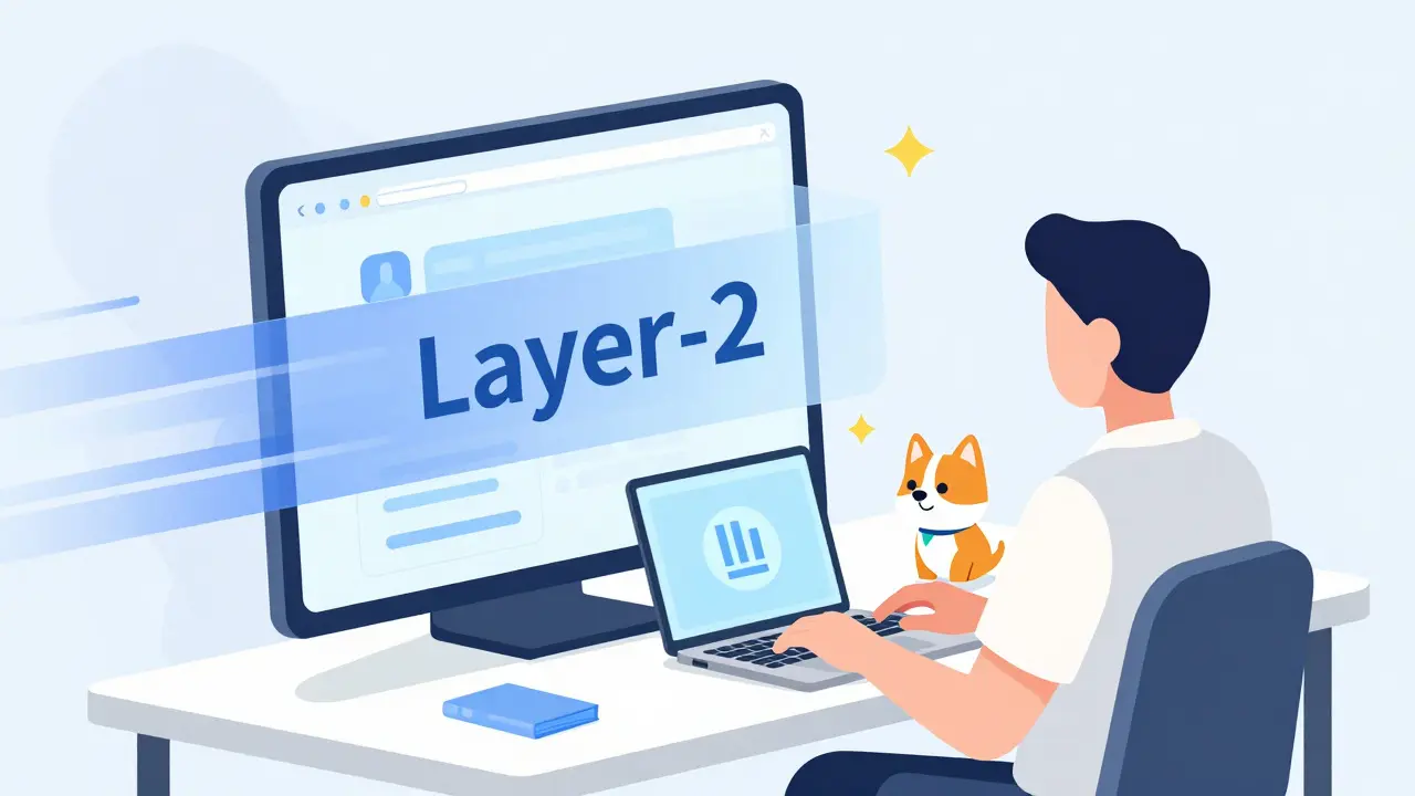 Smartphone wallet interface with fast blockchain layers behind.