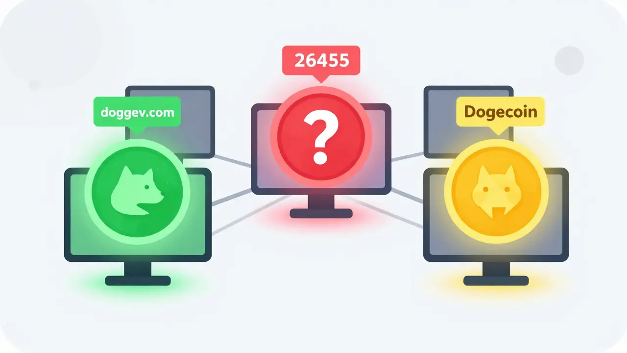 Three different DOGE tokens glowing on a blockchain with mismatched price tags, illustrated in flat cartoon style.