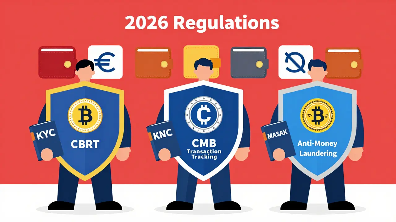 Three government agency shields enforcing crypto regulations with rulebooks, blocking foreign exchanges behind a red wall.