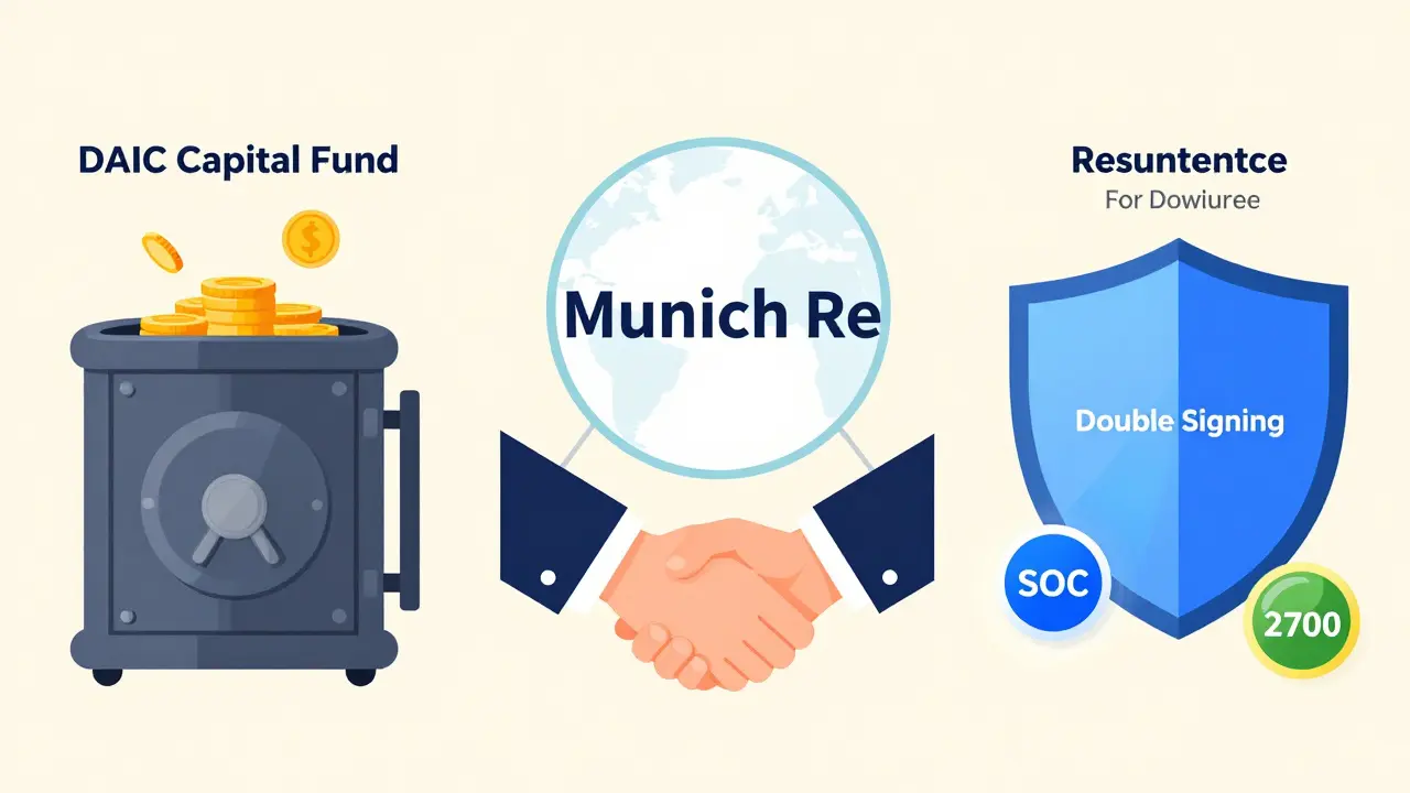 Three slashing insurance models visualized: fund, reinsurance, and dual-layer protection in flat design.