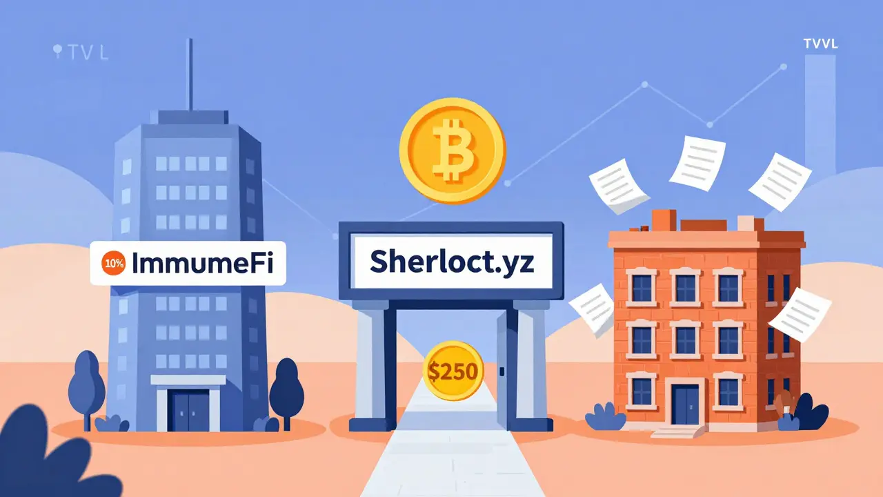 Three stylized bug bounty platforms as buildings: ImmuneFi tower, Sherlock gate with coin slot, HackerOne brick building, against a blockchain horizon.