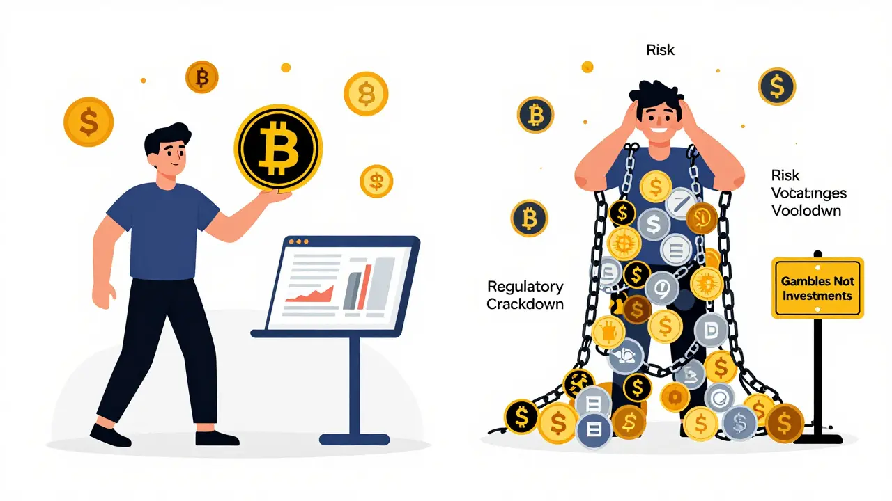 Two paths: one person saving with one token, another overwhelmed by many tokens tangled in risk chains, symbolizing smart vs. risky choices.