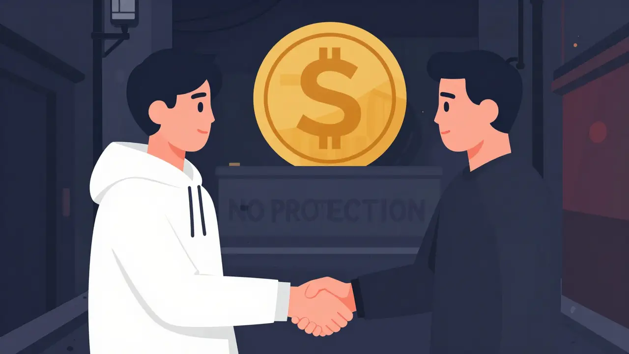 Two people exchanging cash for a USB drive in a shadowy alley, with a digital yuan coin looming overhead.