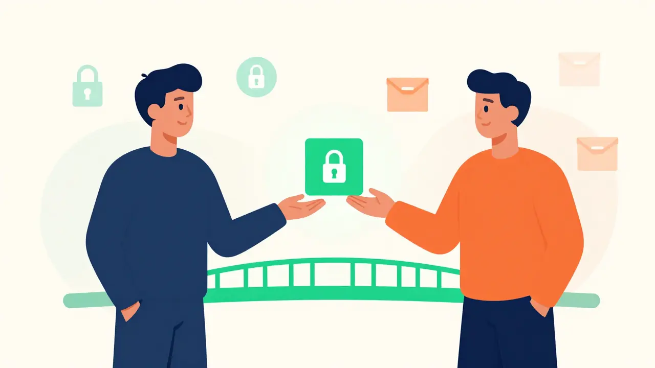 Users exchanging digital assets across a smart contract bridge.