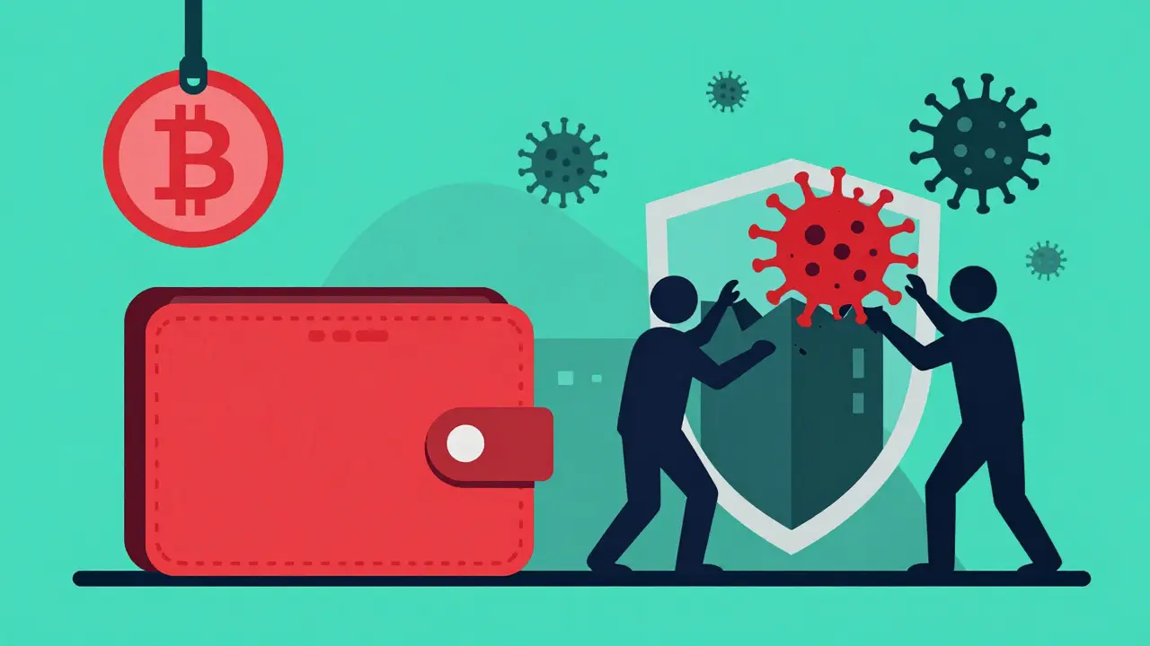 Wallet threatened by shadows and blocked by warning shields.