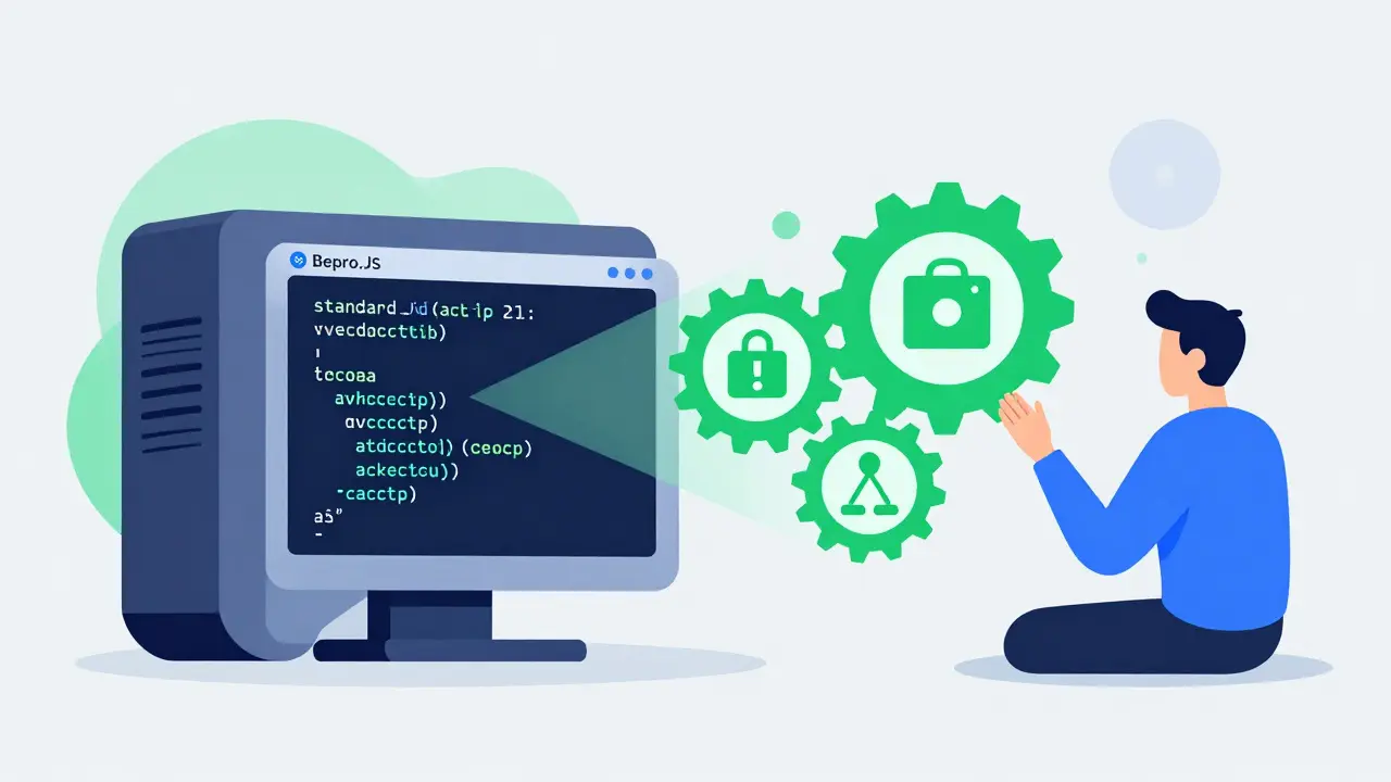 A conceptual machine translating JavaScript code into blockchain infrastructure.
