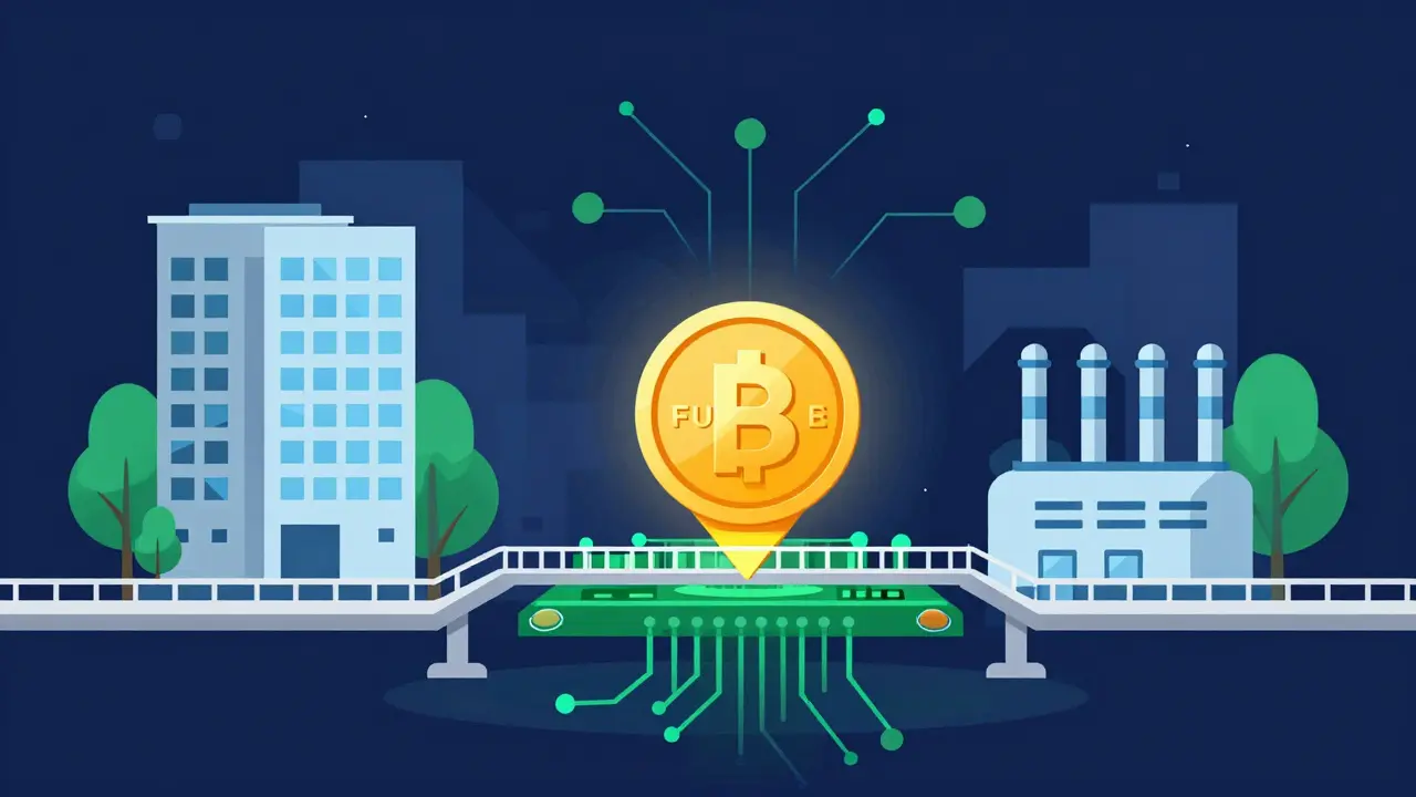 A digital coin bridging blockchain technology with real-world buildings