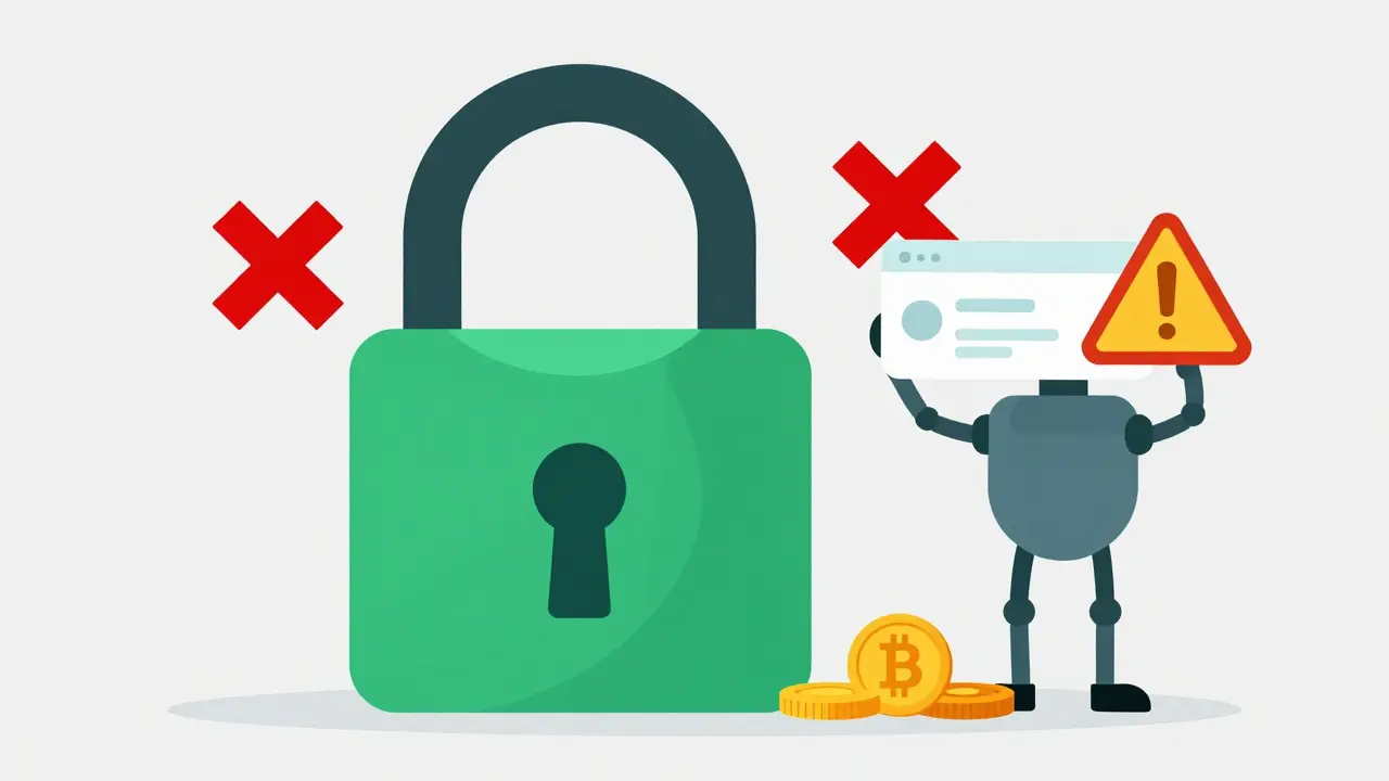 A digital lock protecting a crypto wallet from a scam bot in a flat illustration style.
