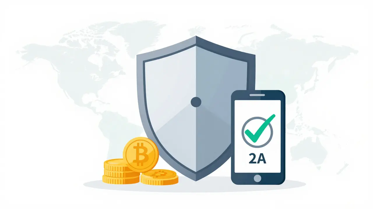 A digital shield protecting coins with a smartphone showing a 2FA verification checkmark.