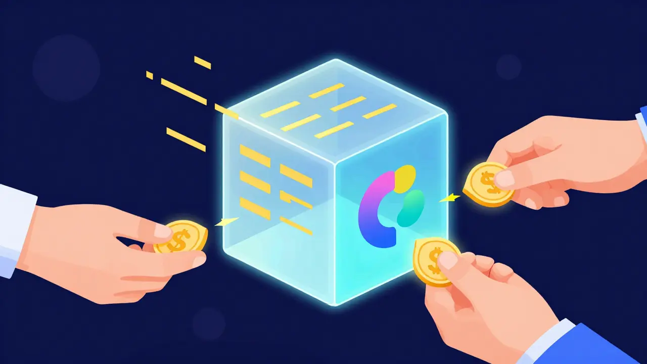 A digital smart contract automatically splitting a payment between a buyer and an original creator.