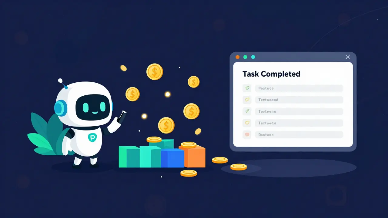 A robot mascot converting code blocks into tokens, illustrating the Bepro bounty process.