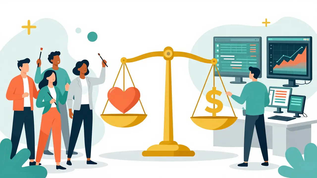 A scale balancing artist sustainability against trader profit in the NFT marketplace.