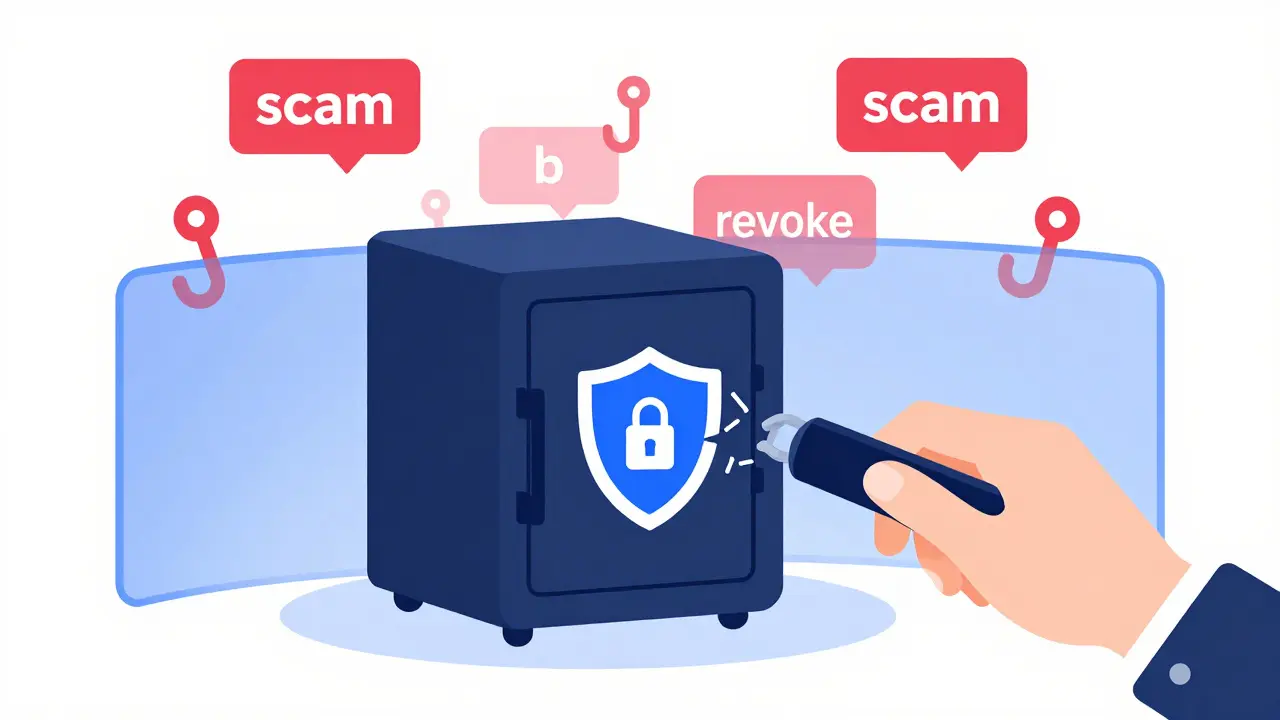 A secure digital wallet protected by a shield and a barrier against red scam warning signs.