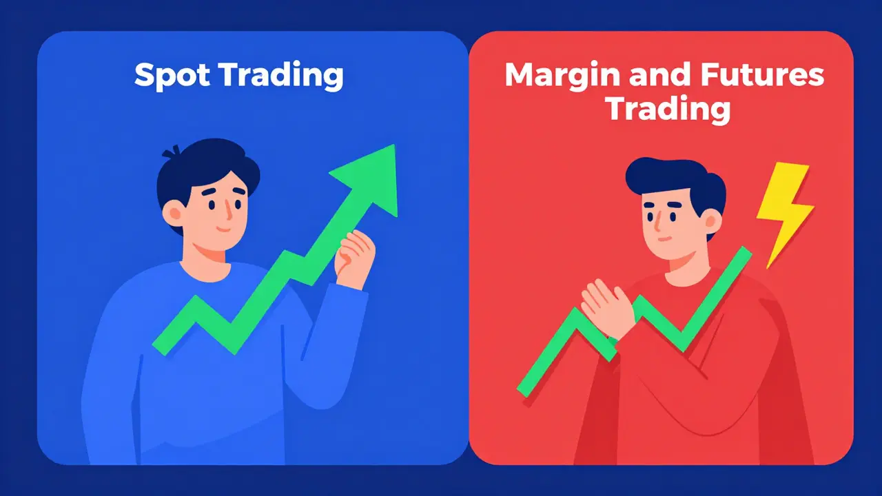 A split-screen illustration comparing simple spot trading with high-risk futures trading charts.