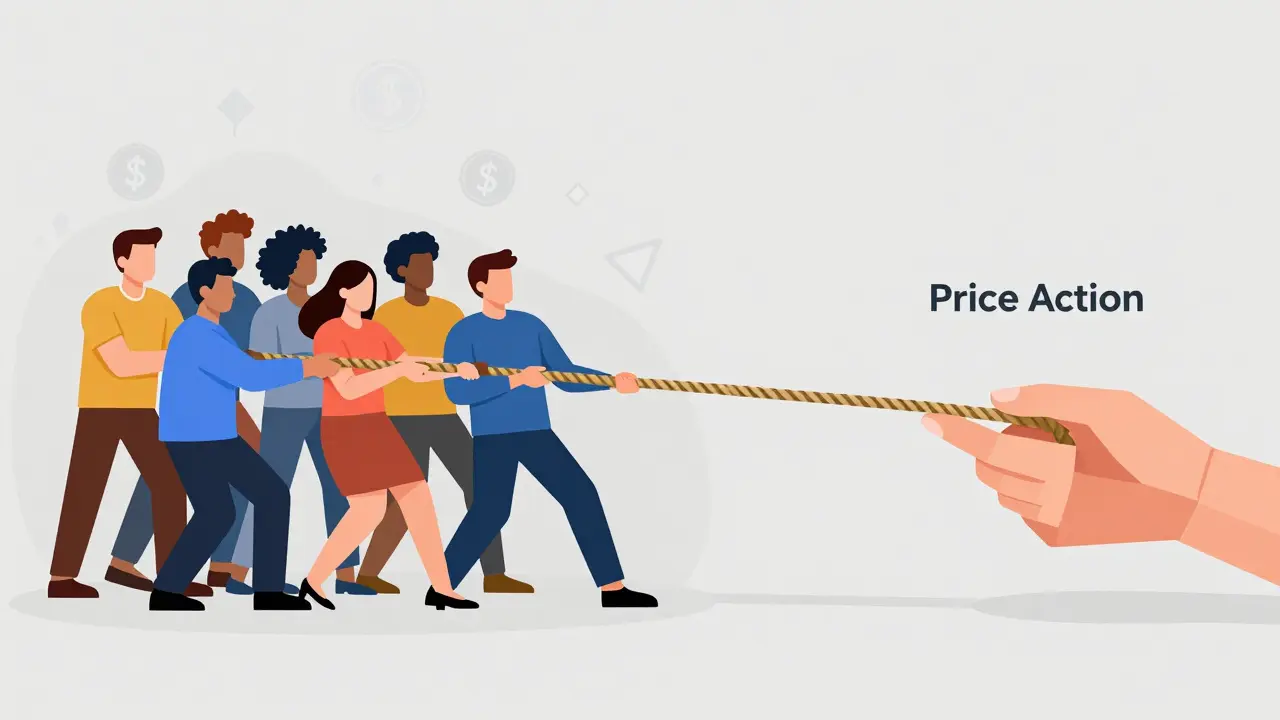 A tug-of-war between a crowd representing market sentiment and a hand representing price action.