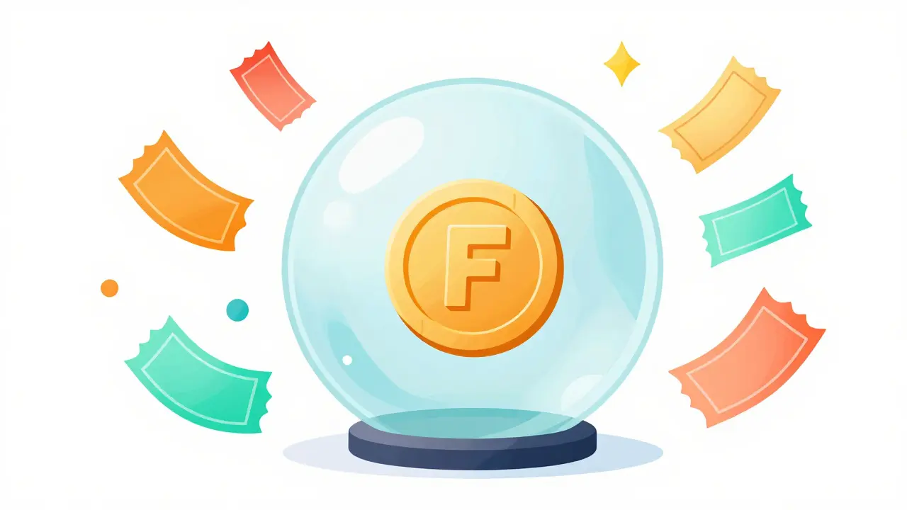 Colorful lottery tickets flying toward a glowing futuristic coin in a sphere