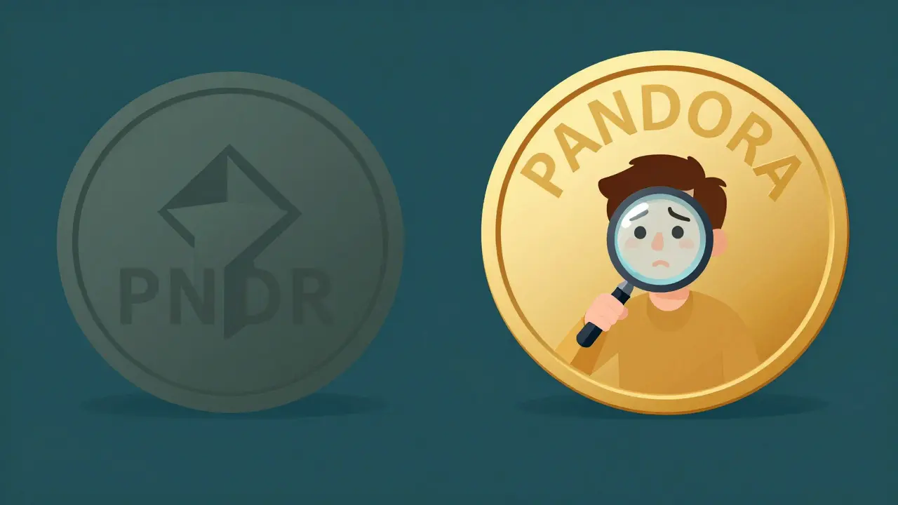 Comparison between a small PNDR token and a large PANDORA token with a character using a magnifying glass.