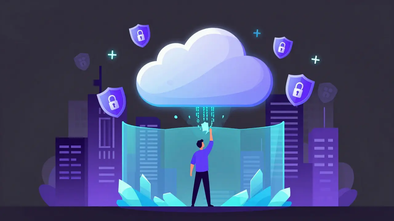 Conceptual illustration of secure data processing in a cloud over a futuristic city.