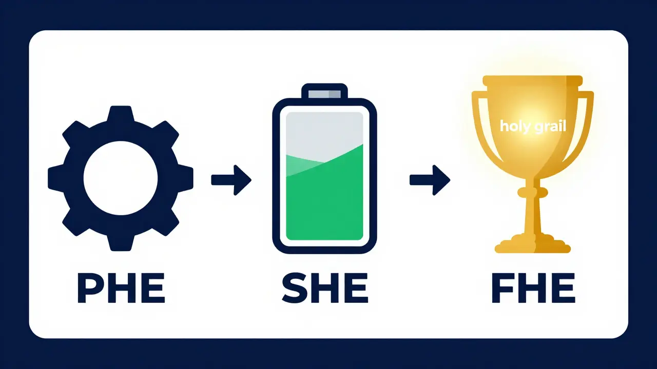 Evolutionary stages of encryption depicted as a gear, a battery, and a golden grail.