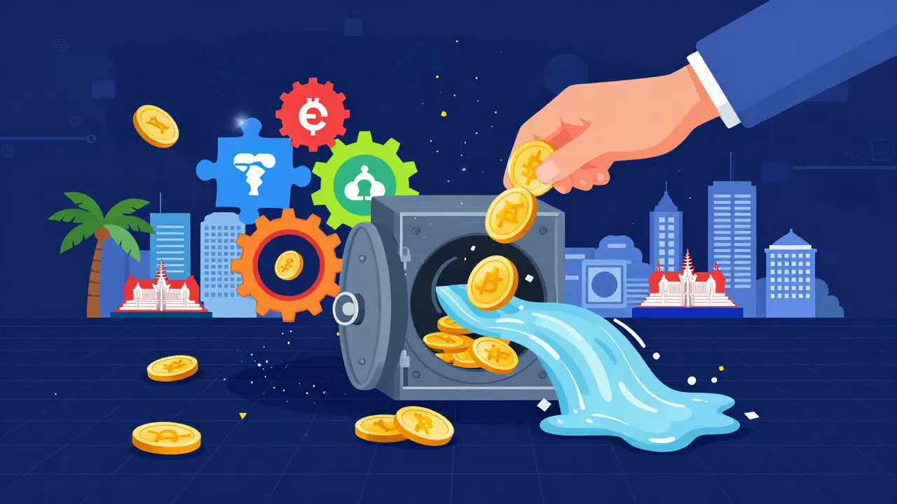 Flat art showing stolen crypto flowing from a breached vault into global laundering hubs.