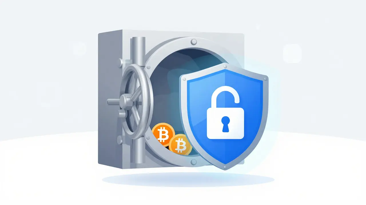 Flat design image of a digital vault with a shield and 2FA lock protecting cryptocurrencies.