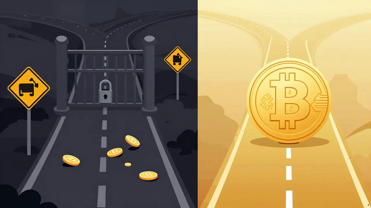Flat illustration comparing a dangerous path of banned crypto to a bright, legal e-CNY path.