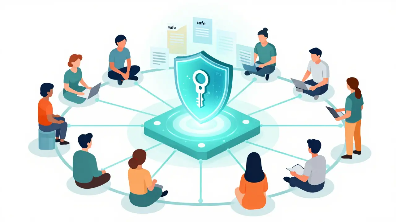 Flat illustration of a digital key unlocking a shield surrounded by a decentralized community and an AI node.