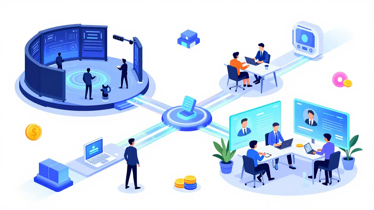 Flat illustration of a Metaverse hub blending a gaming arena with a professional workspace.