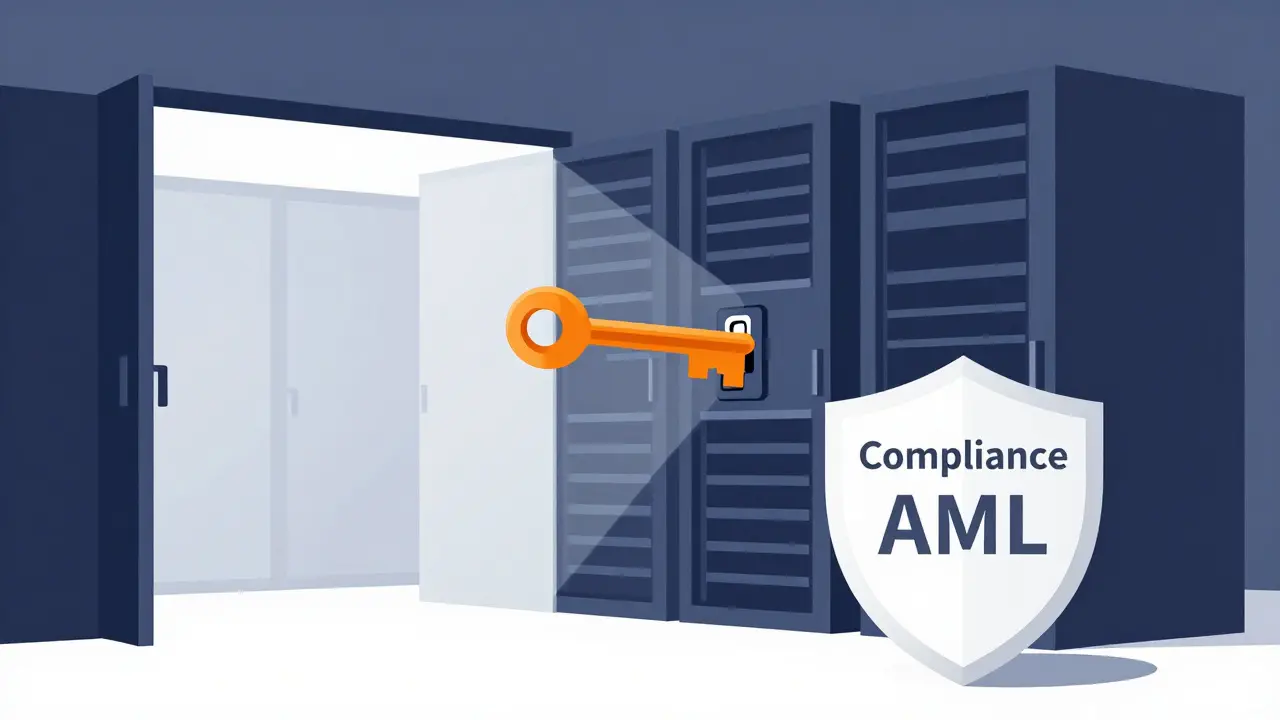 Flat illustration of a server room being illuminated by a bright light and a compliance shield.