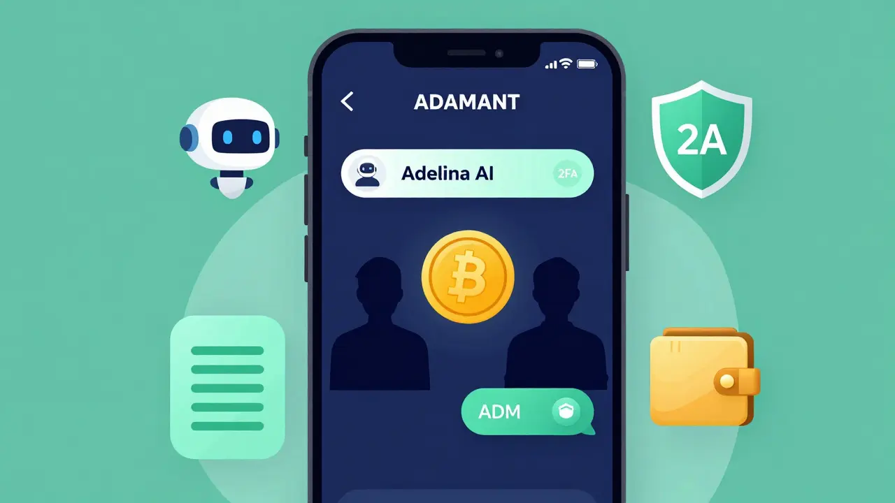 Flat illustration of a smartphone app interface showing a crypto token being sent in a private chat.
