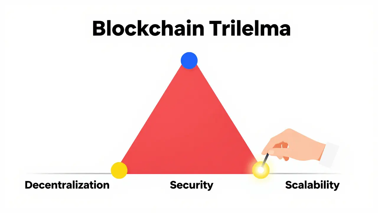 Flat illustration of a triangle representing the balance between decentralization, security, and scalability.