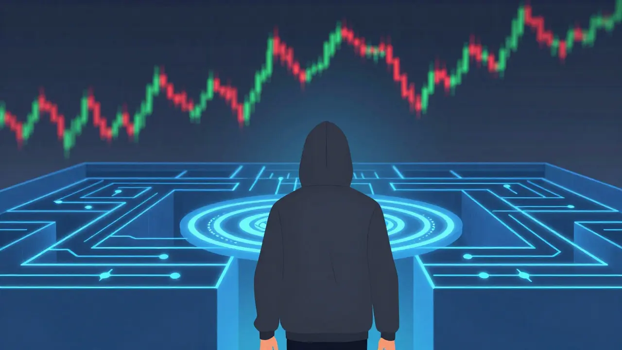 Flat illustration of an anonymous figure in a digital maze with a volatile price graph in the background.