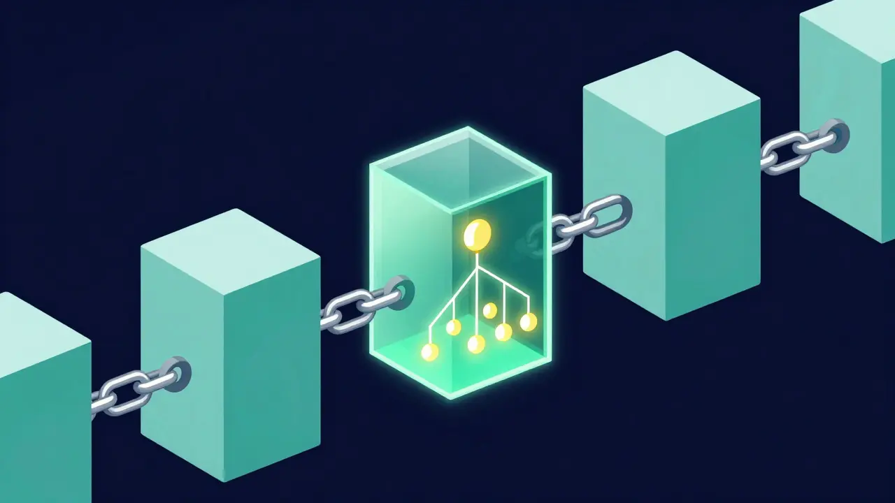 Flat illustration of linked blocks with a glowing Merkle Tree hash structure inside one block.