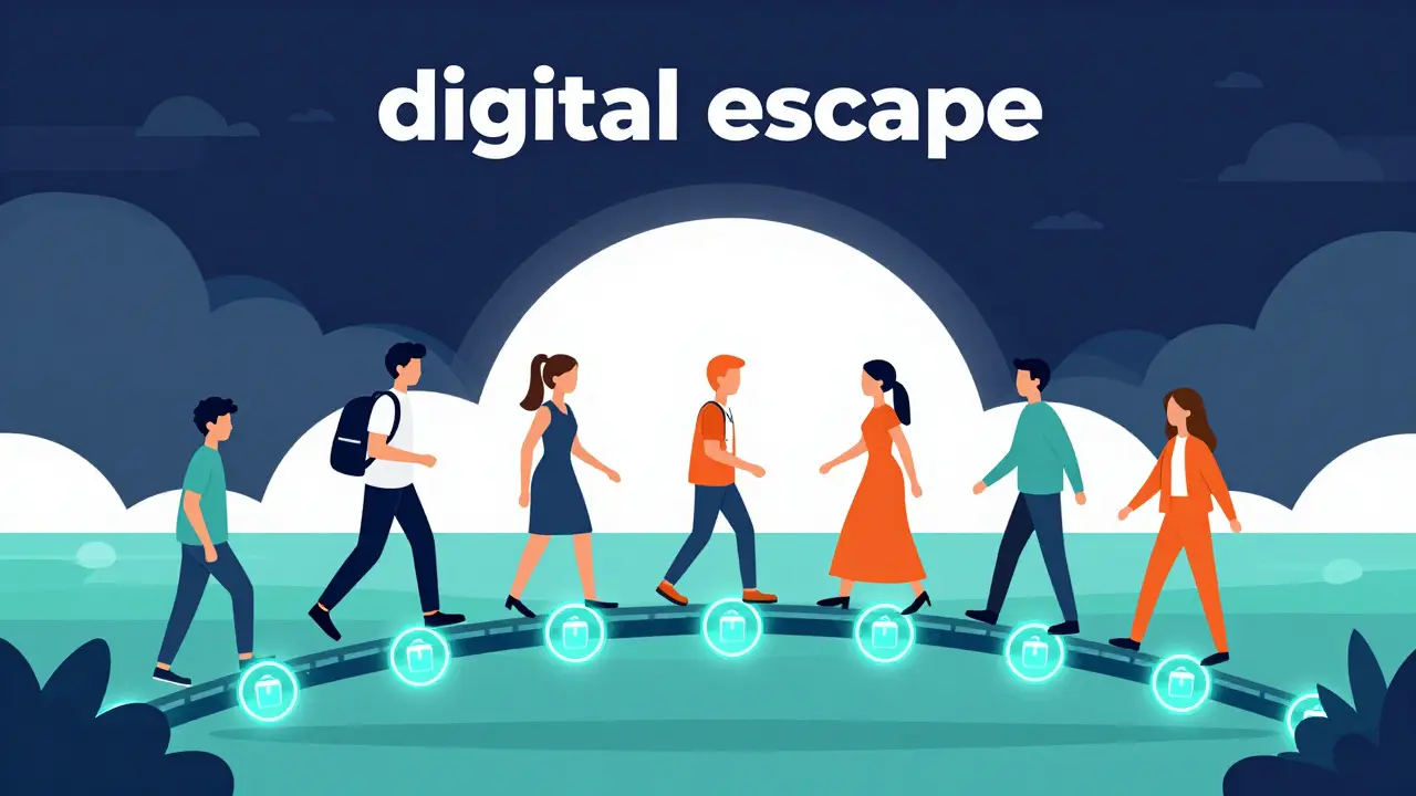 Flat illustration of people crossing a glowing blockchain bridge toward a bright horizon.