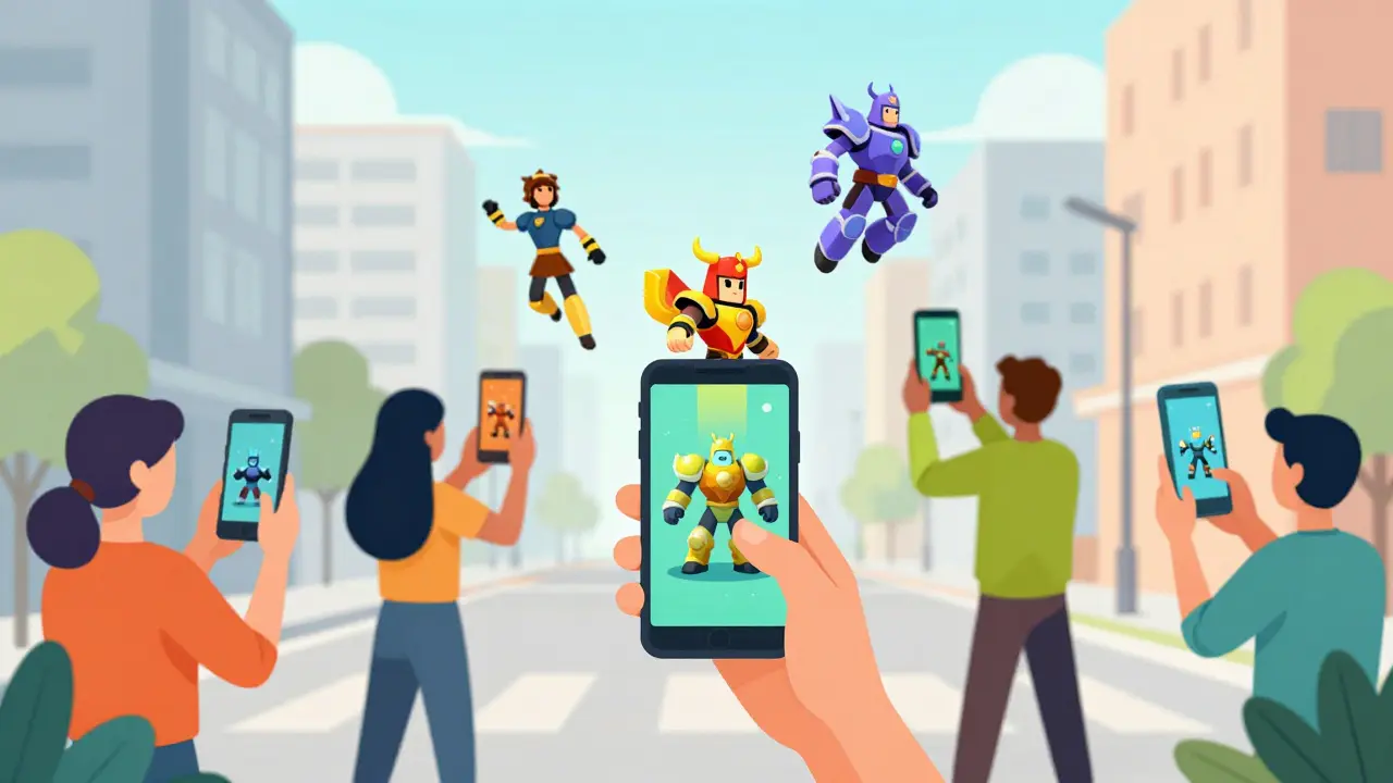Flat illustration of people using smartphones as game assets leap between different devices.