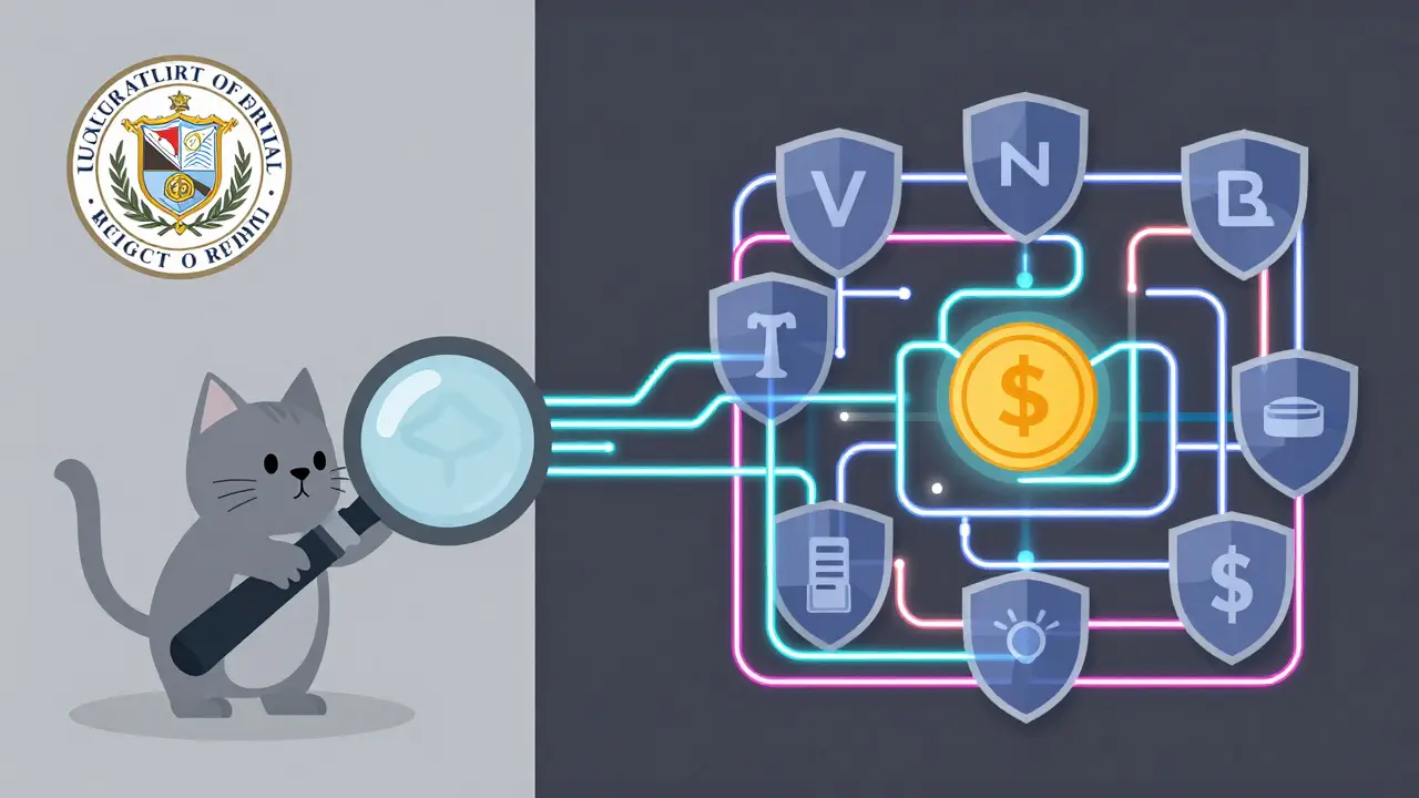 Flat illustration showing a digital maze of shields protecting a coin from a magnifying glass.