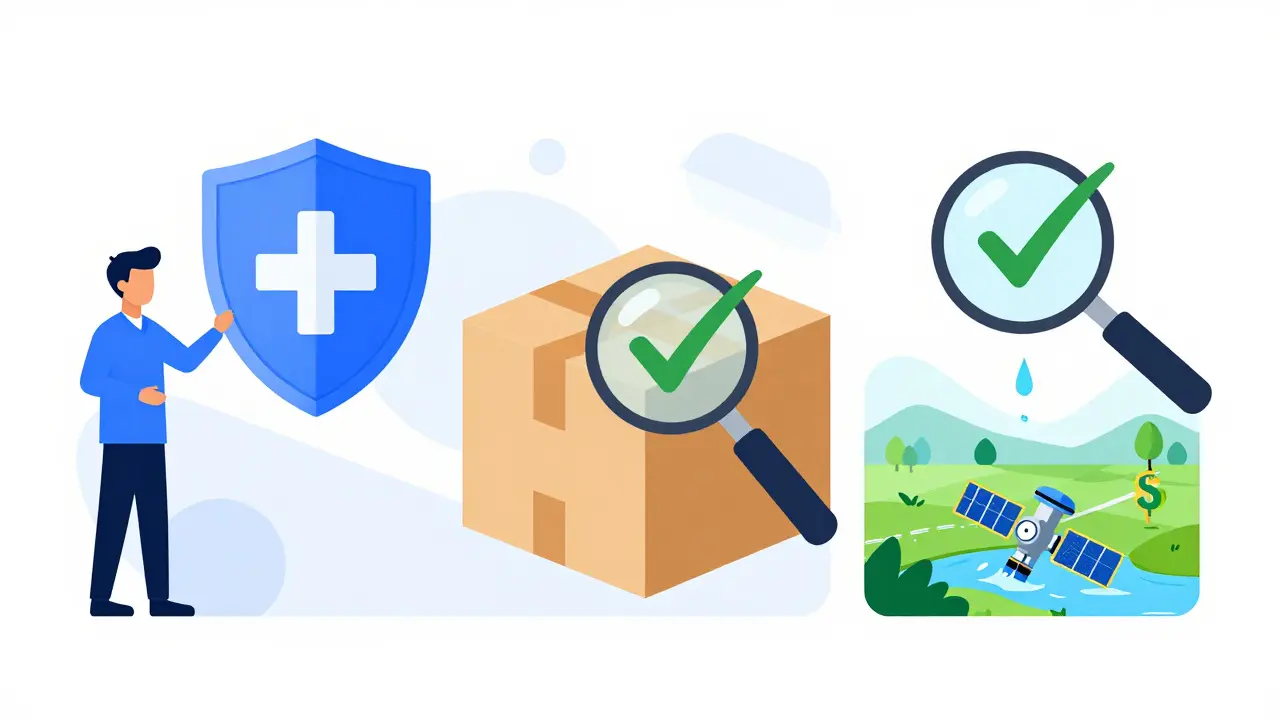 Flat illustration showing healthcare data security, supply chain tracking, and automated insurance payouts.