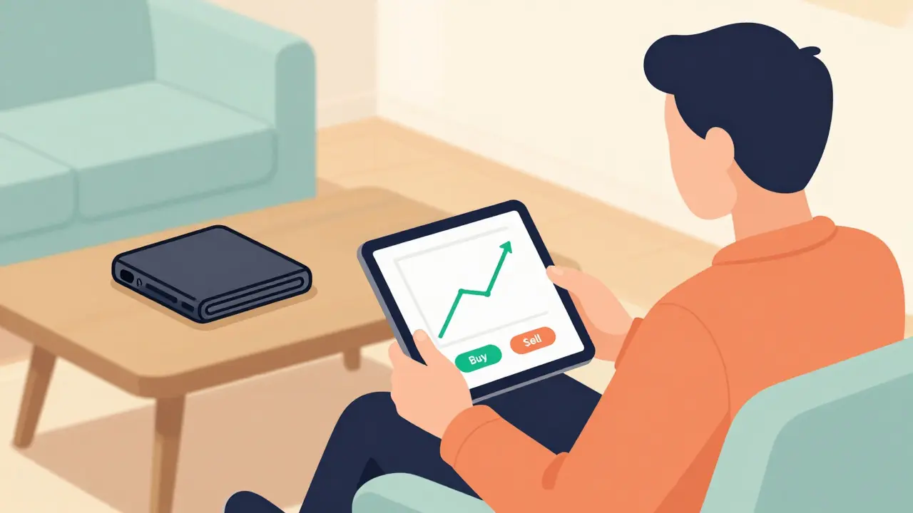 Illustration of a casual trader using a simple crypto app while a hardware wallet sits nearby.