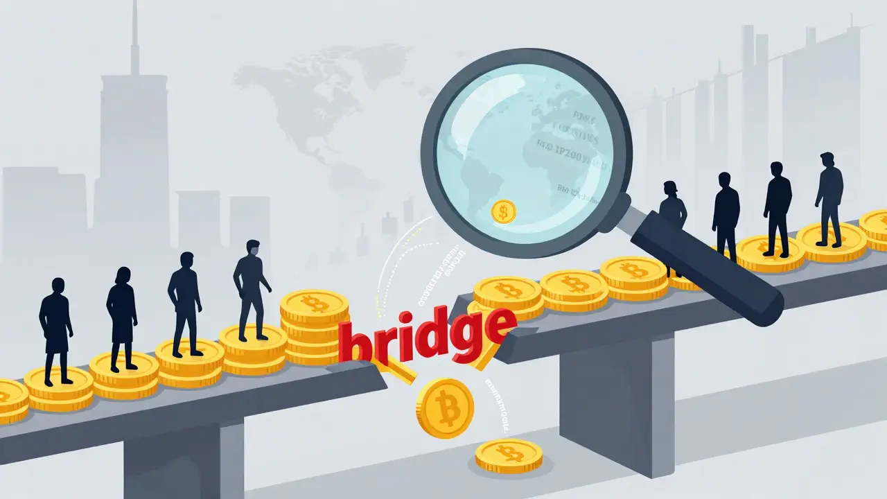 Illustration of a digital bridge of coins being broken apart by a large magnifying glass.