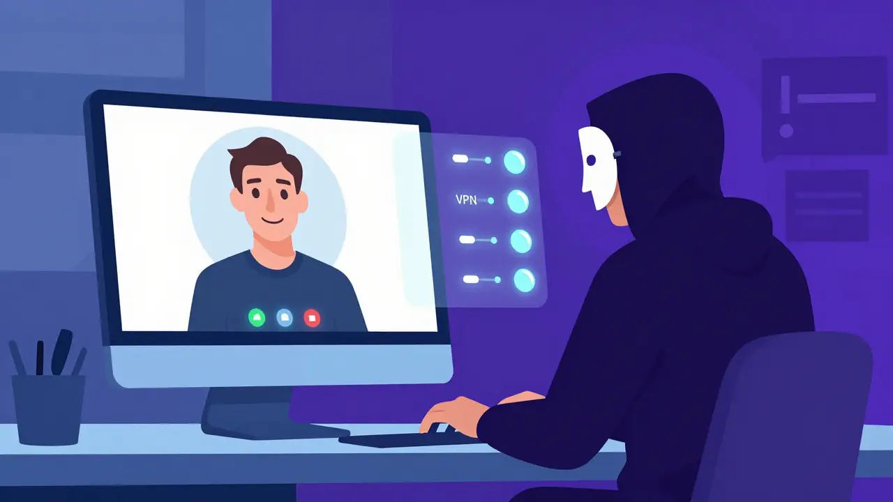 Illustration of a hacker using fake identities and VPNs to infiltrate a company via video call.