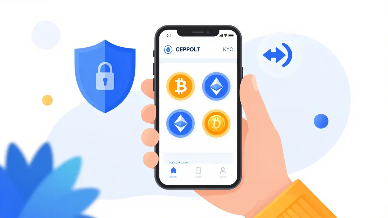 Illustration of a smartphone showing a crypto portfolio and security symbols.