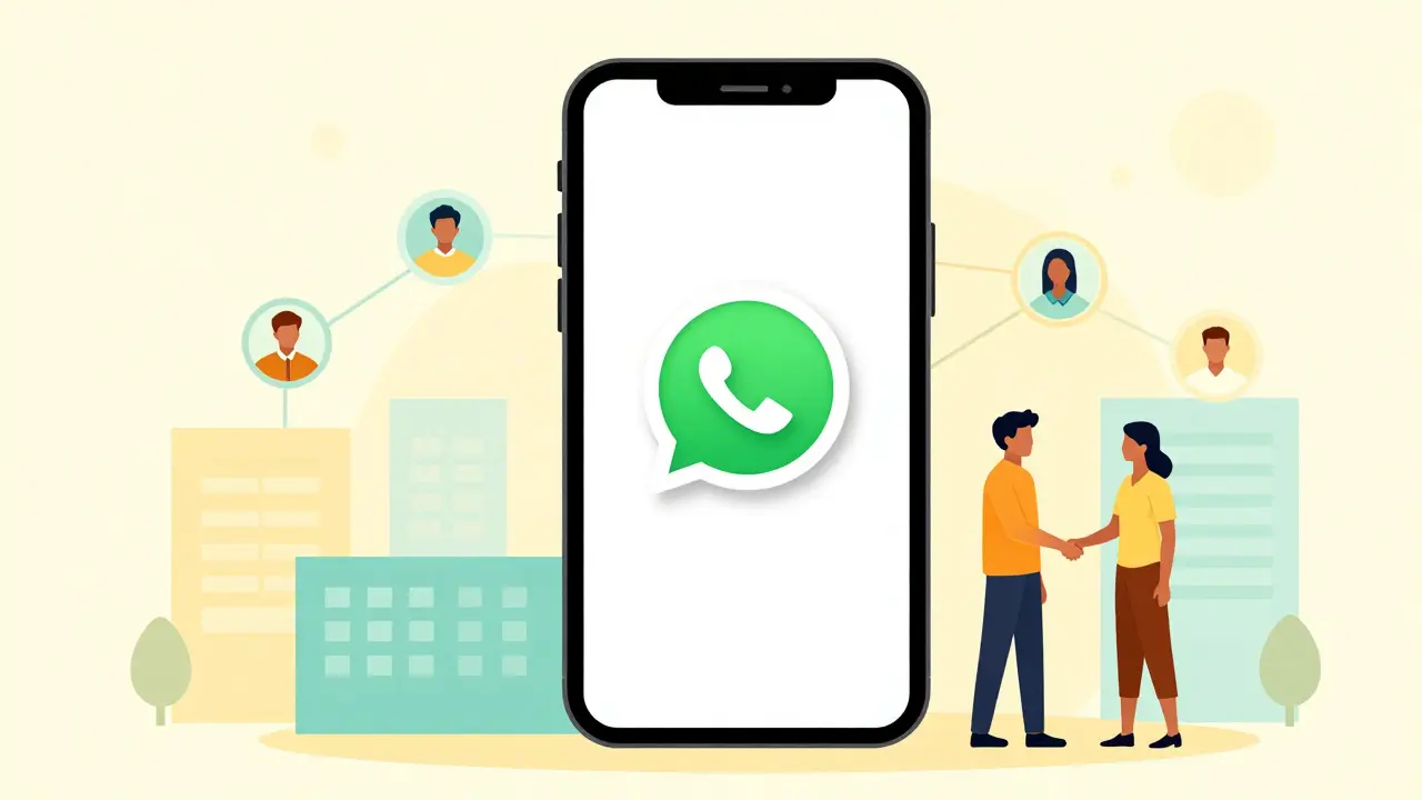 Illustration of a smartphone with WhatsApp support and people performing a P2P trade.