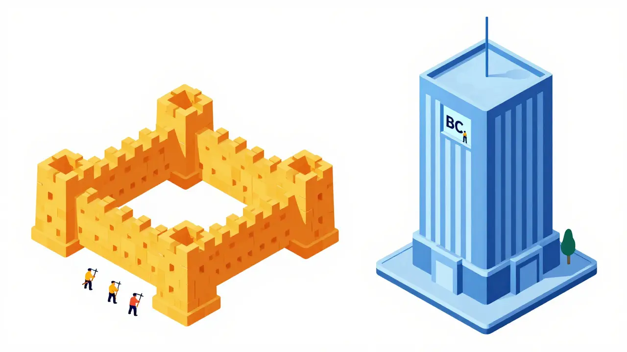 Illustration of Bitcoin as a sturdy fortress and BC as a tenant in a Solana skyscraper.