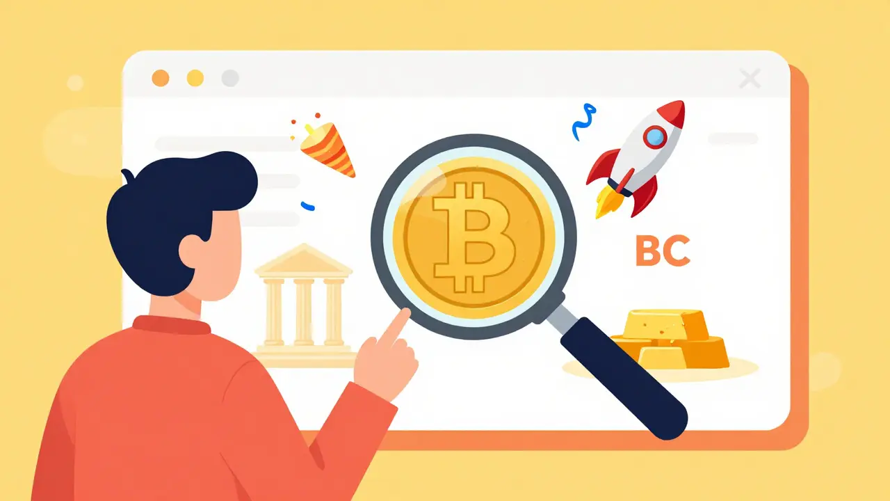 Investor using a magnifying glass to distinguish between BTC gold and a BC meme coin.