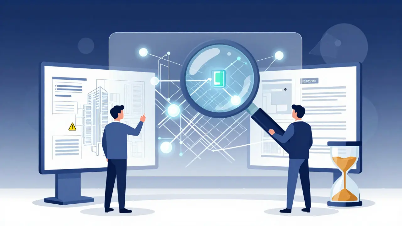 Officials reviewing energy plans with magnifying glass