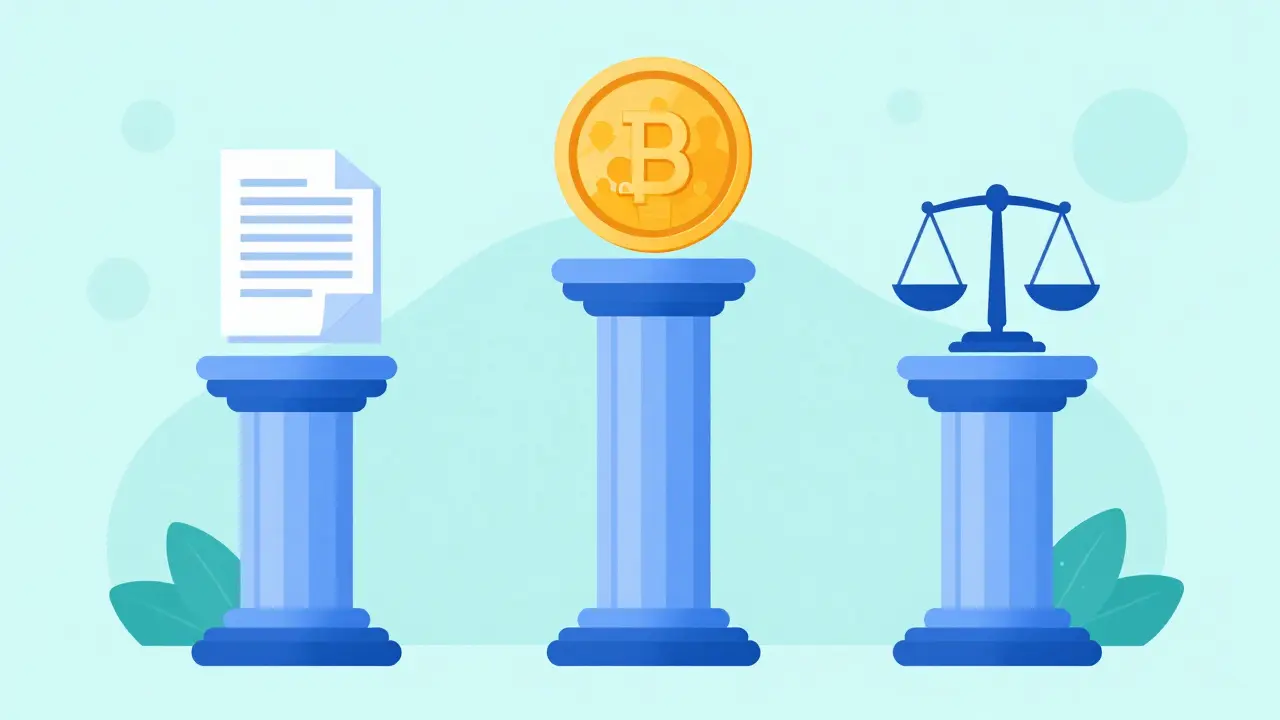 Three pillars representing whitepapers, team, and tokenomics supporting a coin.