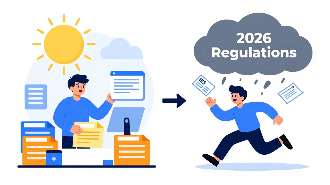 Cartoon comparing calm preparation versus frantic panic regarding crypto regulations.
